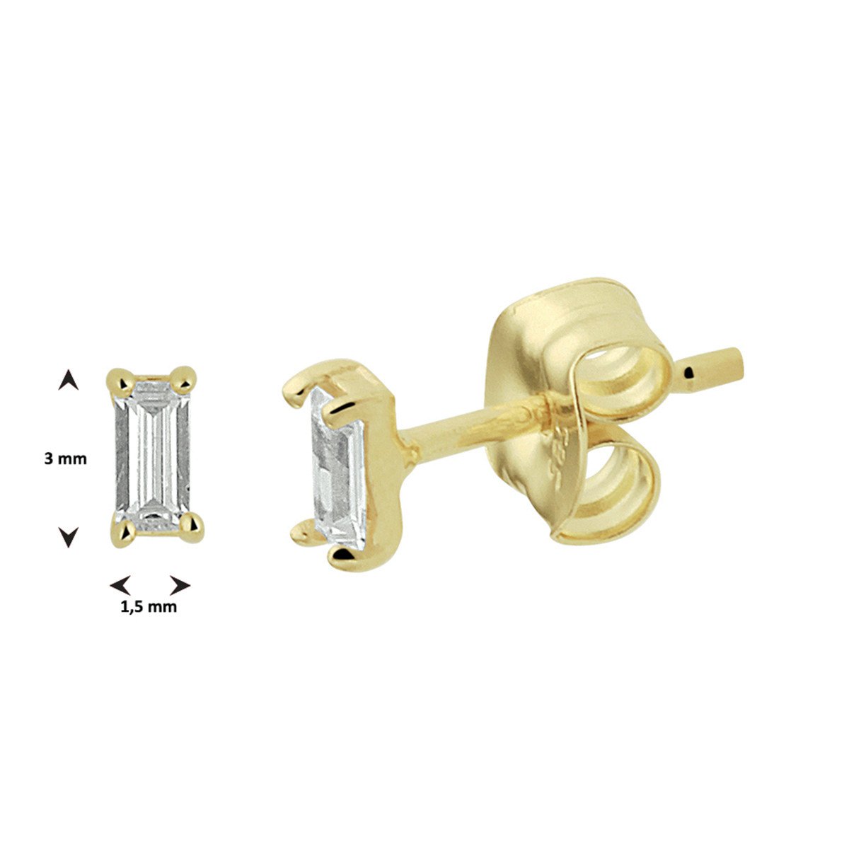 14-karaat gouden oorknopjes met baguette zirkonia 1.5 mm breed - Hoogte 3 mm