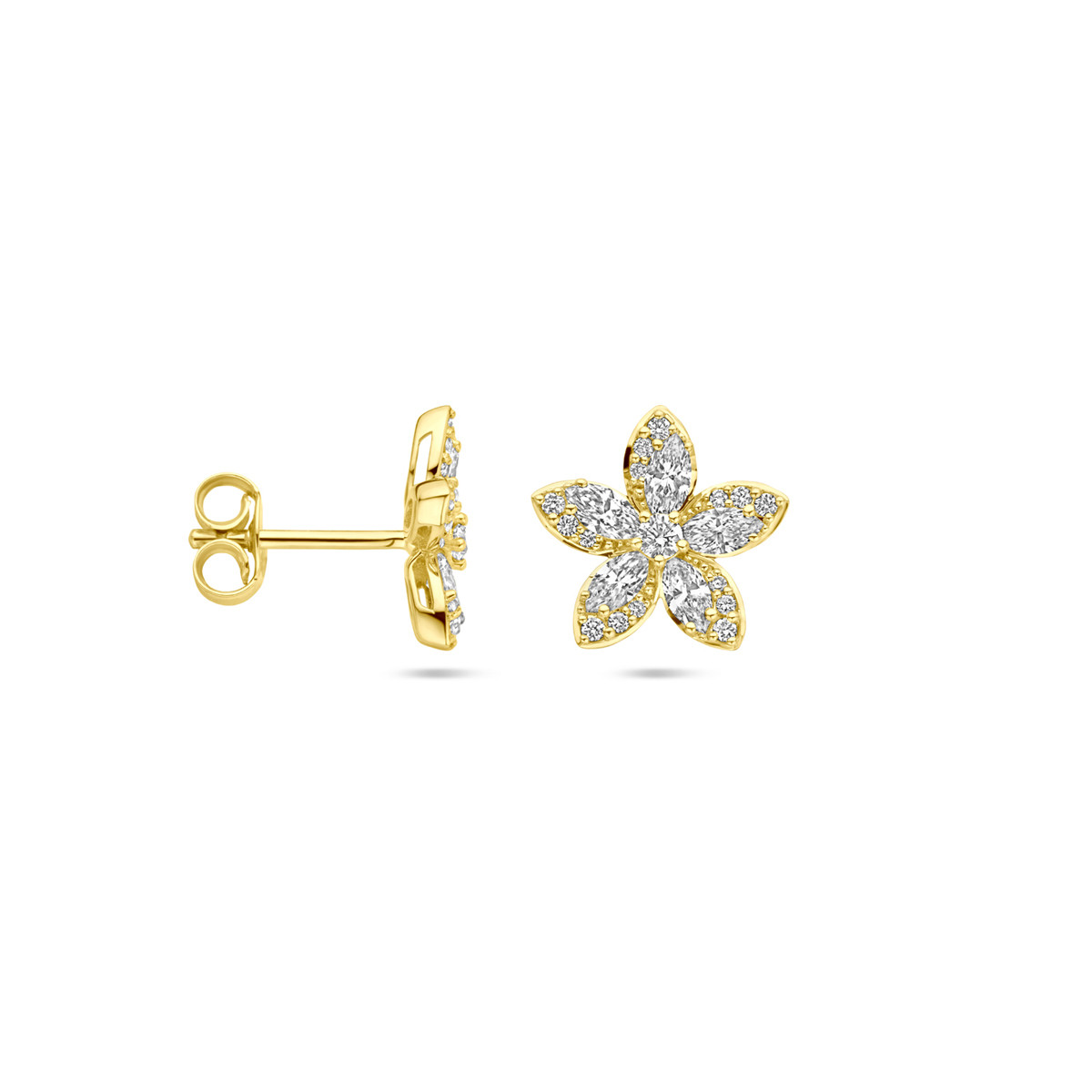 14-karaat gouden oorknopjes met bloem en diamanten 0.84 crt 11.5 mm breed - Hoogte 11 mm