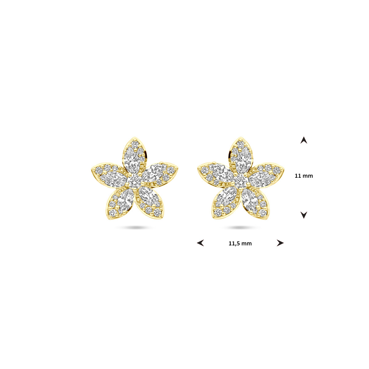 14-karaat gouden oorknopjes met bloem en diamanten 0.84 crt 11.5 mm breed - Hoogte 11 mm