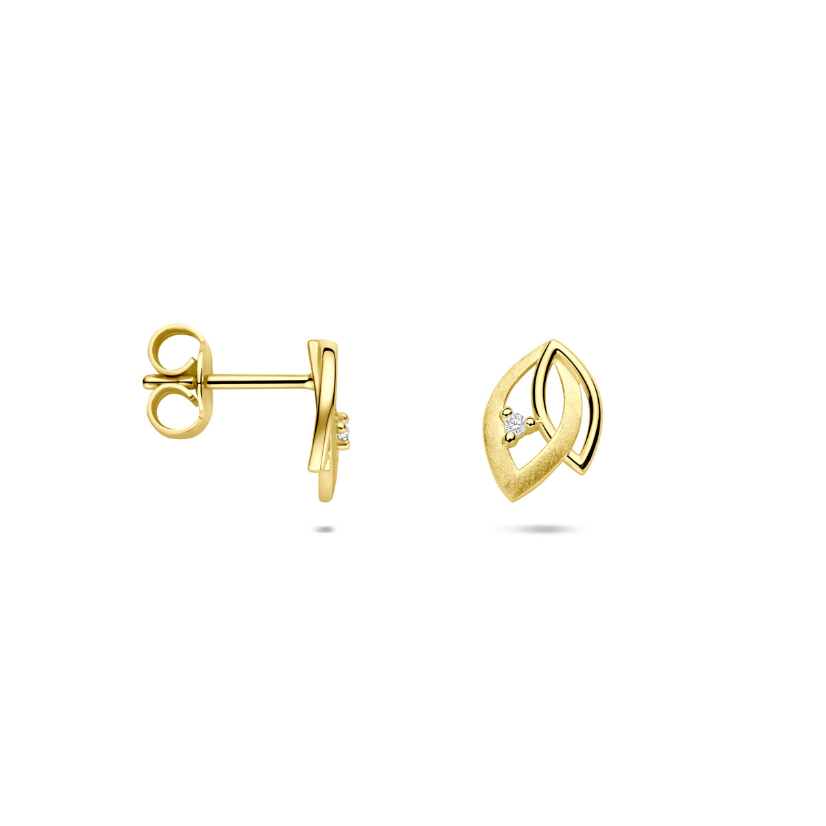 14-karaat gouden oorknopjes met dubbel bladmotief en diamant 0.02 crt 6.5 mm breed - Hoogte 9.5 mm