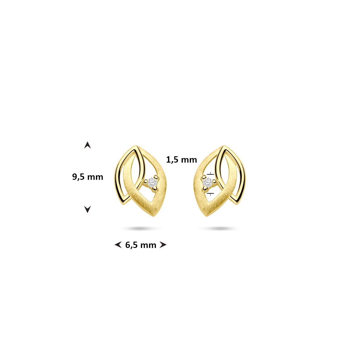 14-karaat gouden oorknopjes met dubbel bladmotief en diamant 0.02 crt 6.5 mm breed - Hoogte 9.5 mm