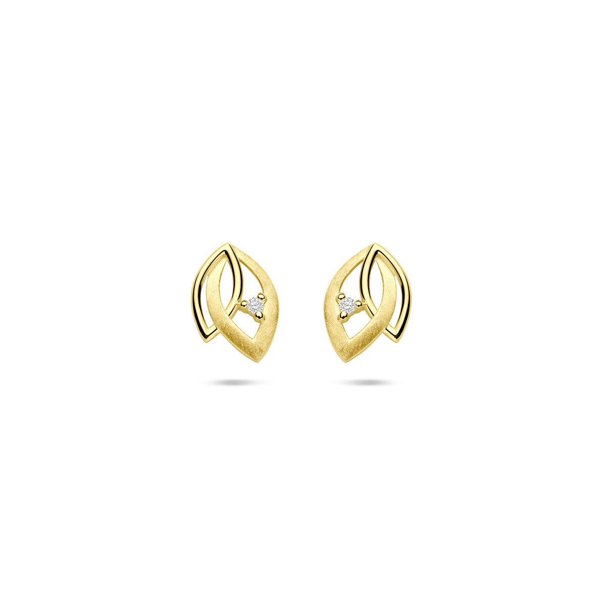 14-karaat gouden oorknopjes met dubbel bladmotief en diamant 0.02 crt 6.5 mm breed - Hoogte 9.5 mm