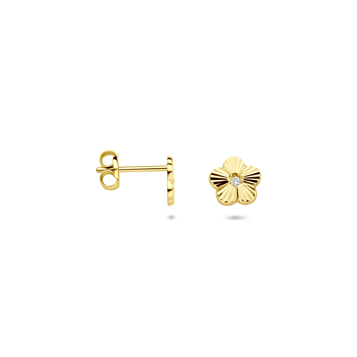 14-karaat gouden oorknopjes met gediamanteerde bloem en zirkonia 6.5 mm breed - Hoogte 6 mm