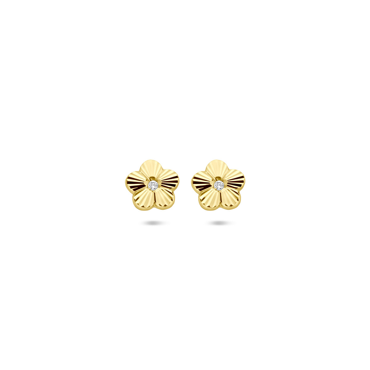 14-karaat gouden oorknopjes met gediamanteerde bloem en zirkonia 6.5 mm breed - Hoogte 6 mm