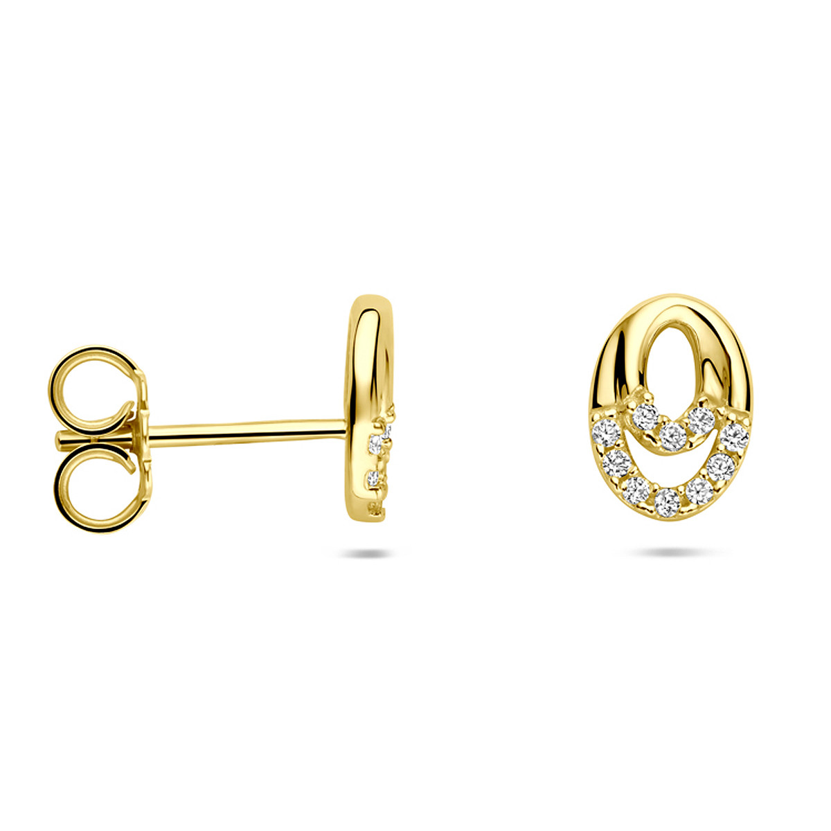 14-karaat gouden oorknopjes met ovale zirkonia en briljante glans - 8 mm x 6 mm