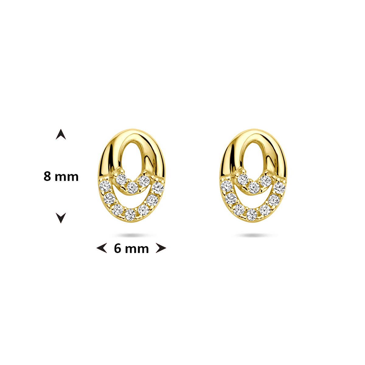 14-karaat gouden oorknopjes met ovale zirkonia en briljante glans - 8 mm x 6 mm