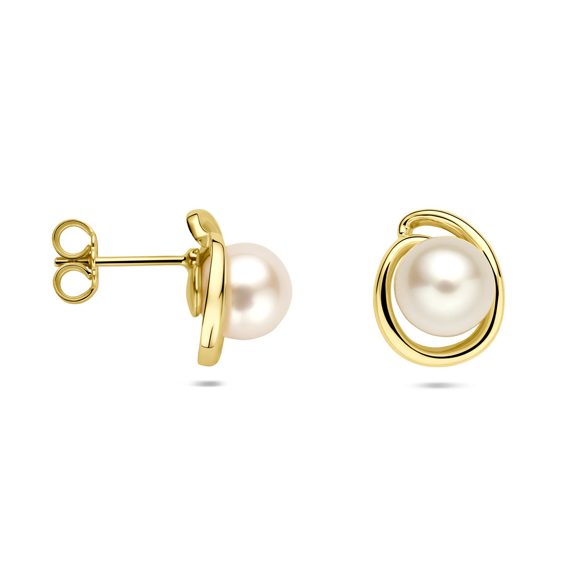 14-karaat gouden oorknopjes met parel en spiraal vorm 10 mm breed - Hoogte 12.5 mm