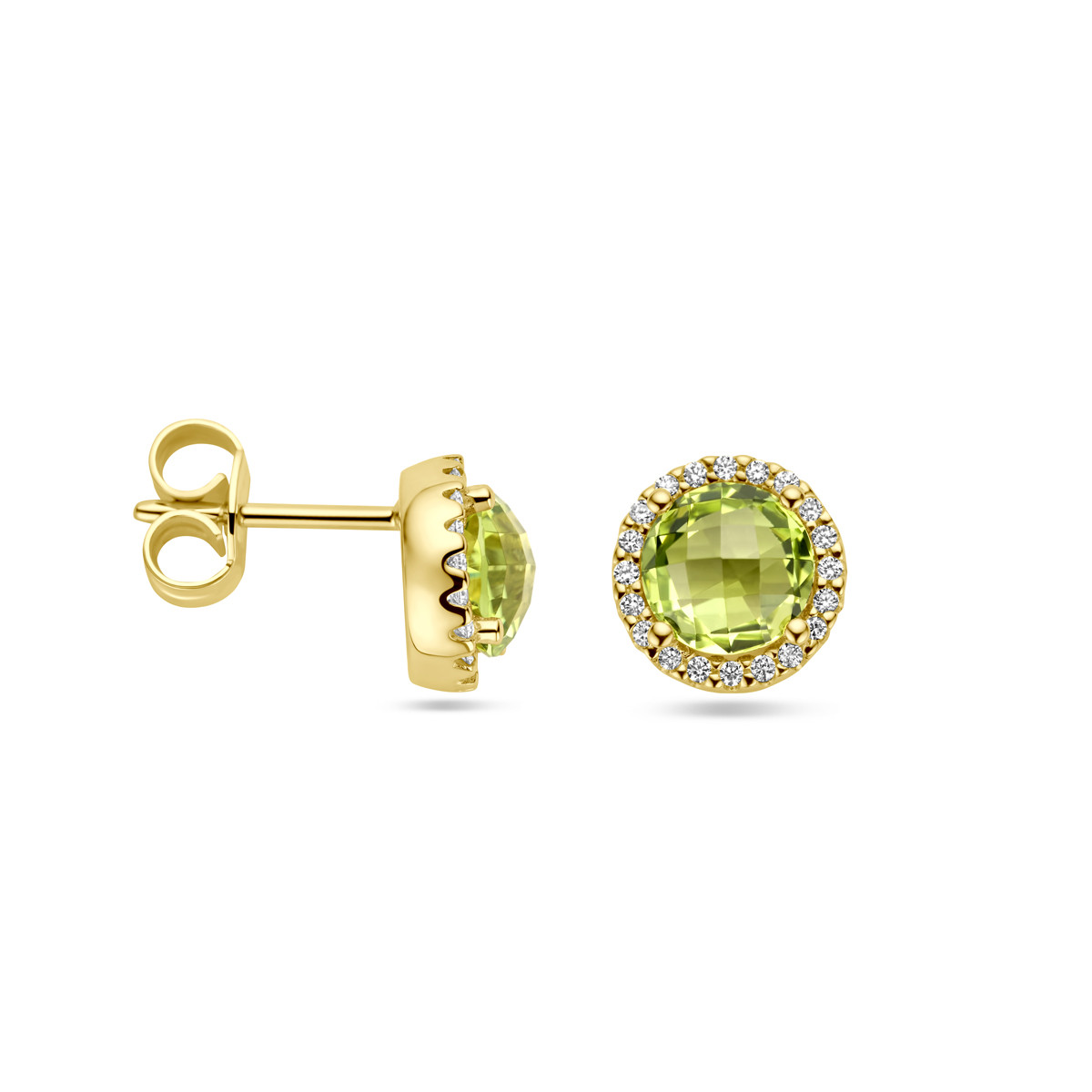 14-karaat gouden oorknopjes met peridoot en diamant 0.13 crt glanzend – Diameter 8.5 mm