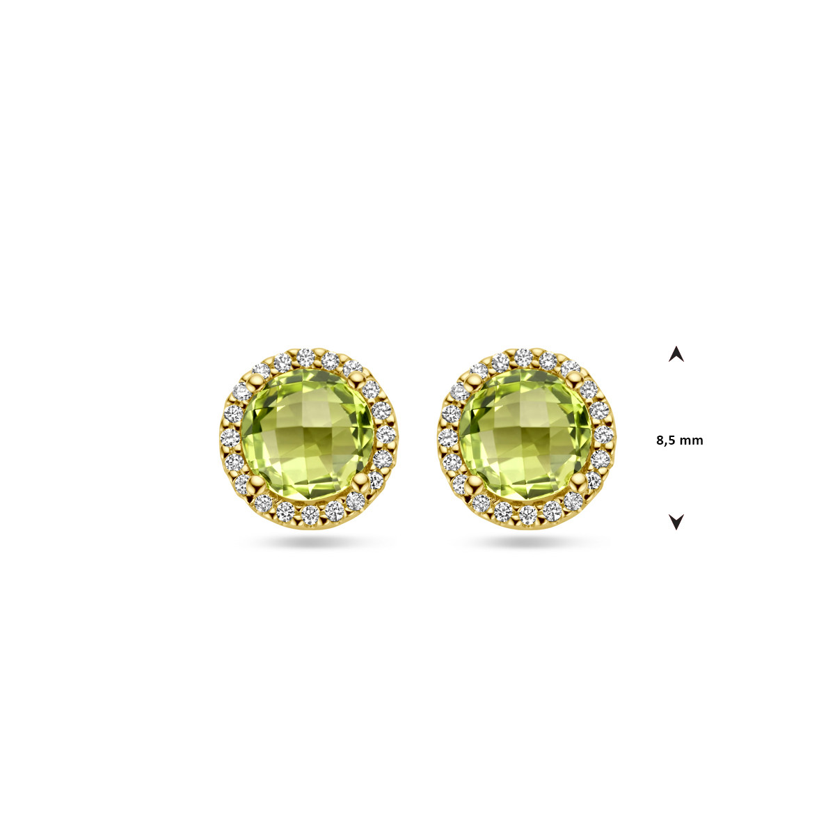 14-karaat gouden oorknopjes met peridoot en diamant 0.13 crt glanzend – Diameter 8.5 mm