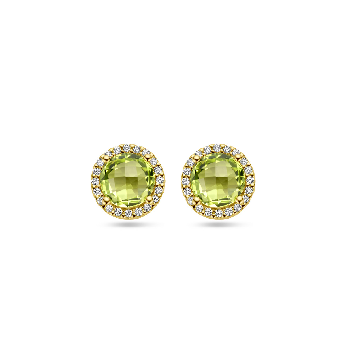 14-karaat gouden oorknopjes met peridoot en diamant 0.13 crt glanzend – Diameter 8.5 mm