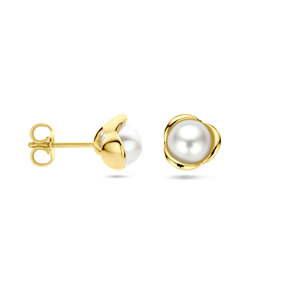 14-karaat gouden oorknopjes met witte zoetwaterparel - Diameter 8.5 mm