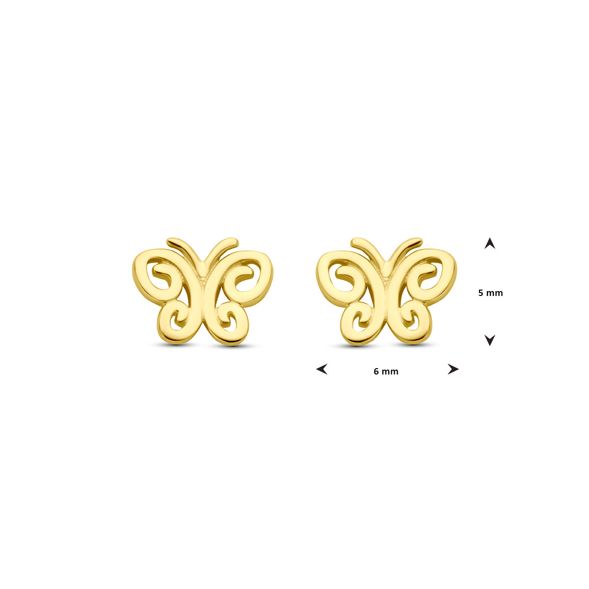 14-karaat gouden oorknopjes vlinder glanzend – 5.5 mm x 6.5 mm
