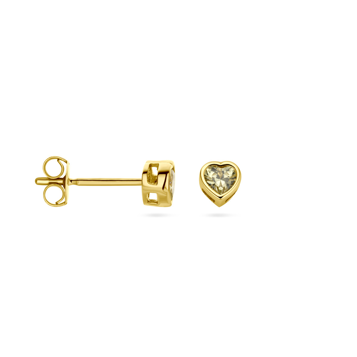 14-karaat gouden oorknoppen hart met lichtgroene zirkonia geboortesteen augustus - 4 mm