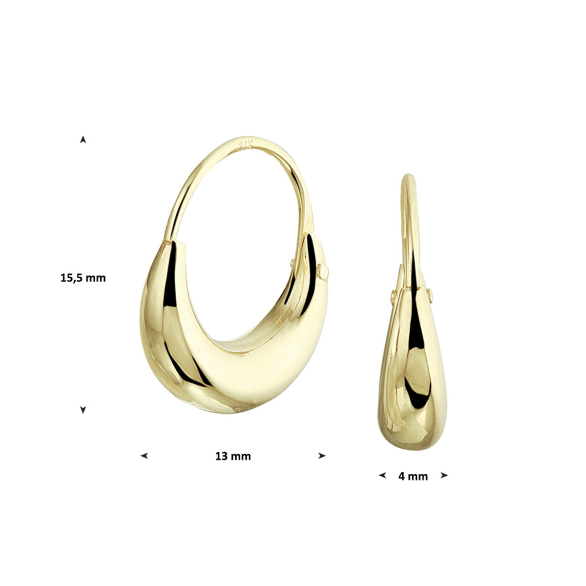 14-karaat gouden oorringen met bolle vorm en glanzende afwerking 4 mm breed - Hoogte 15.5 mm