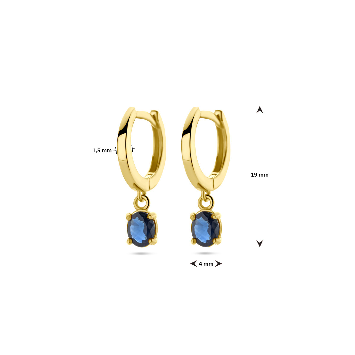 14-karaat gouden oorringen met ovale blauwe saffier hangers - Diameter 12 mm
