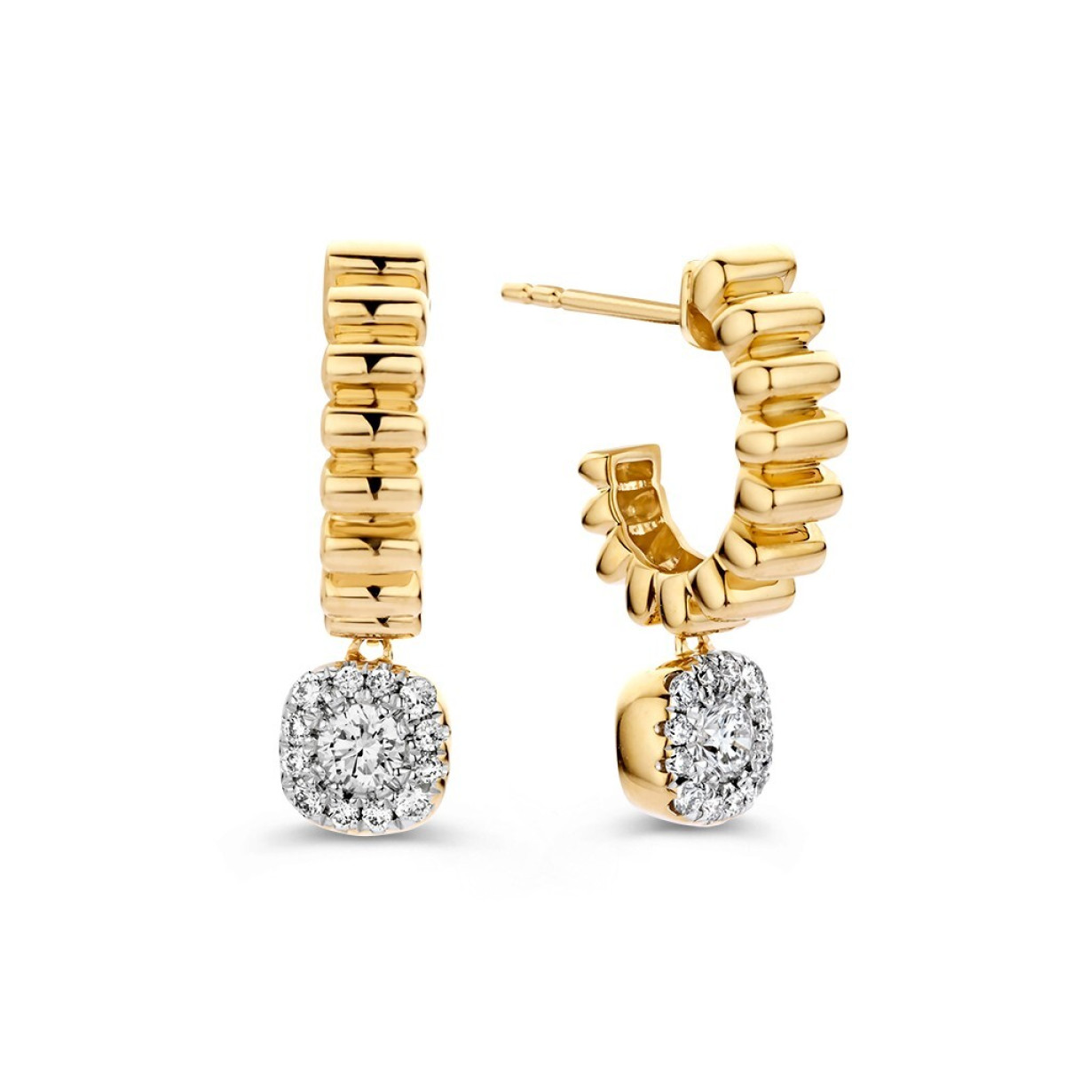 14-karaat gouden oorringen met vierkante diamanten hangers 0.44 crt - Breedte 6.3 mm