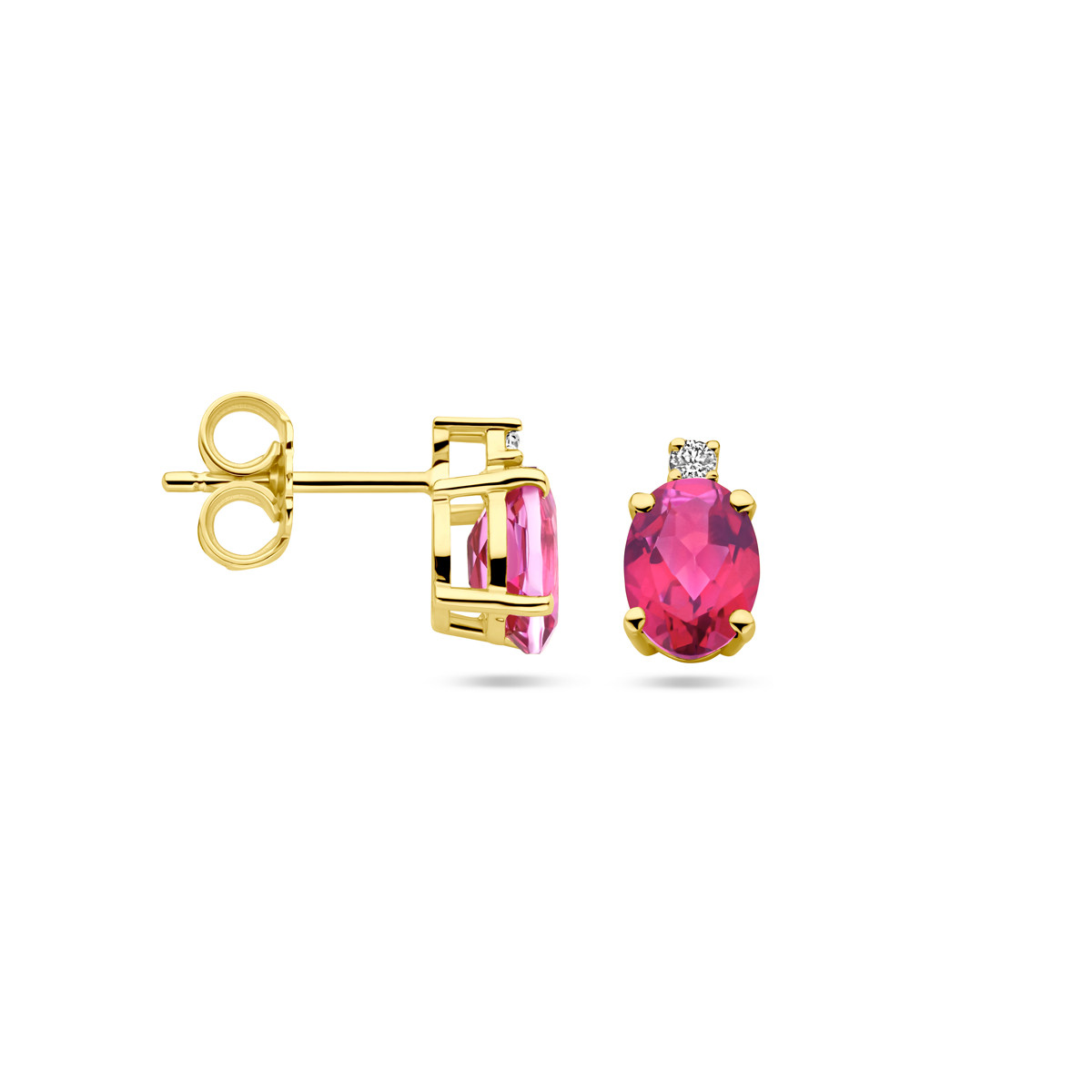 14-karaat gouden ovale oorknopjes met roze/rode topaas en diamanten 0.04 crt - 5 mm x 9 mm