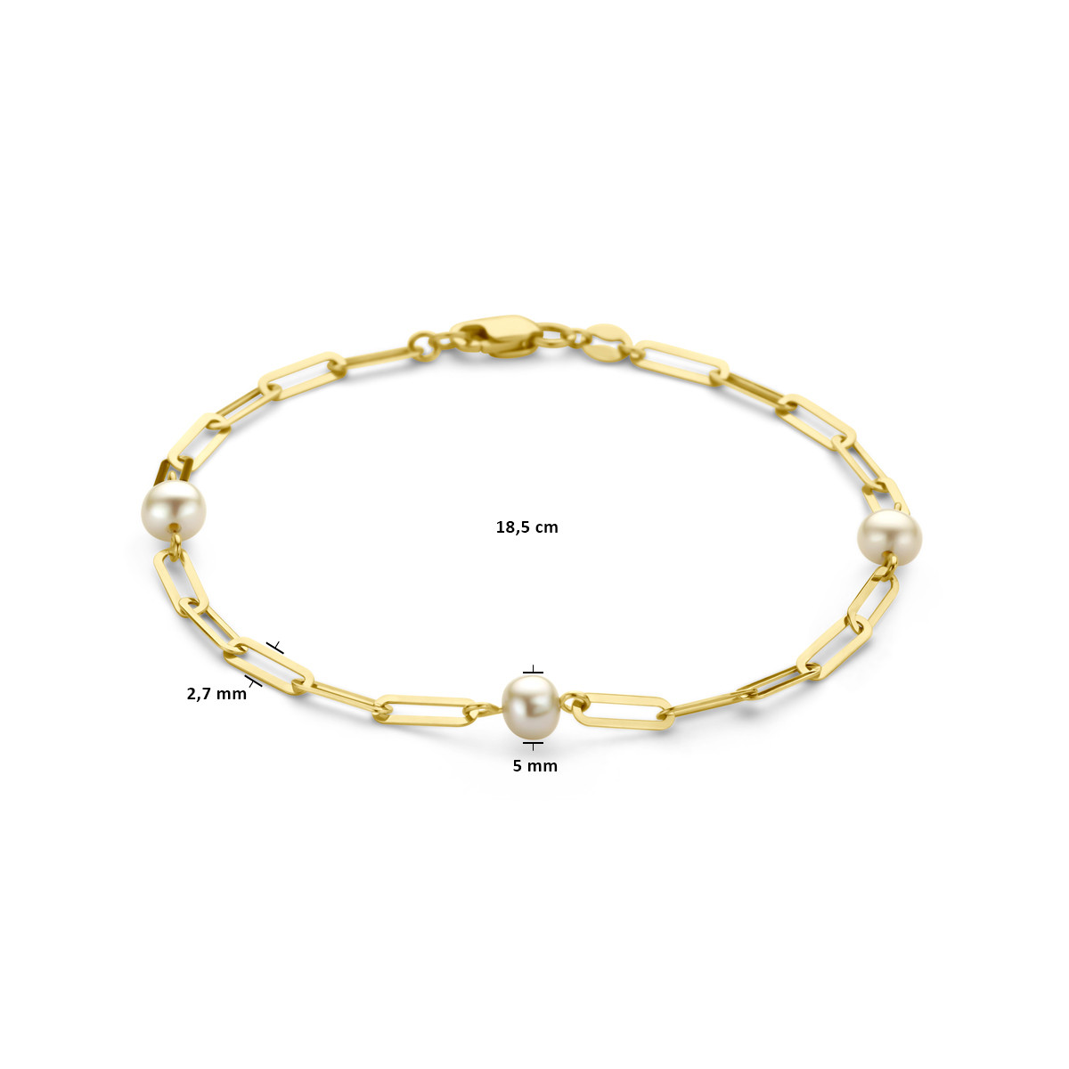 14-karaat gouden paperclip armband met witte zoetwaterparels - Lengte 18.5 cm