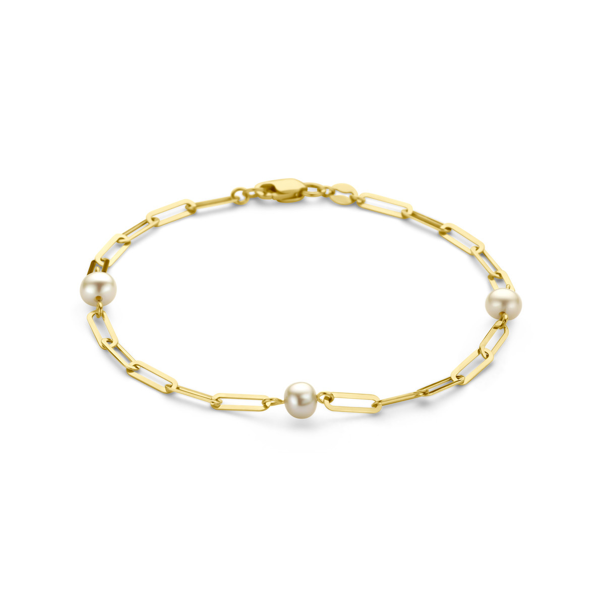 14-karaat gouden paperclip armband met witte zoetwaterparels - Lengte 18.5 cm