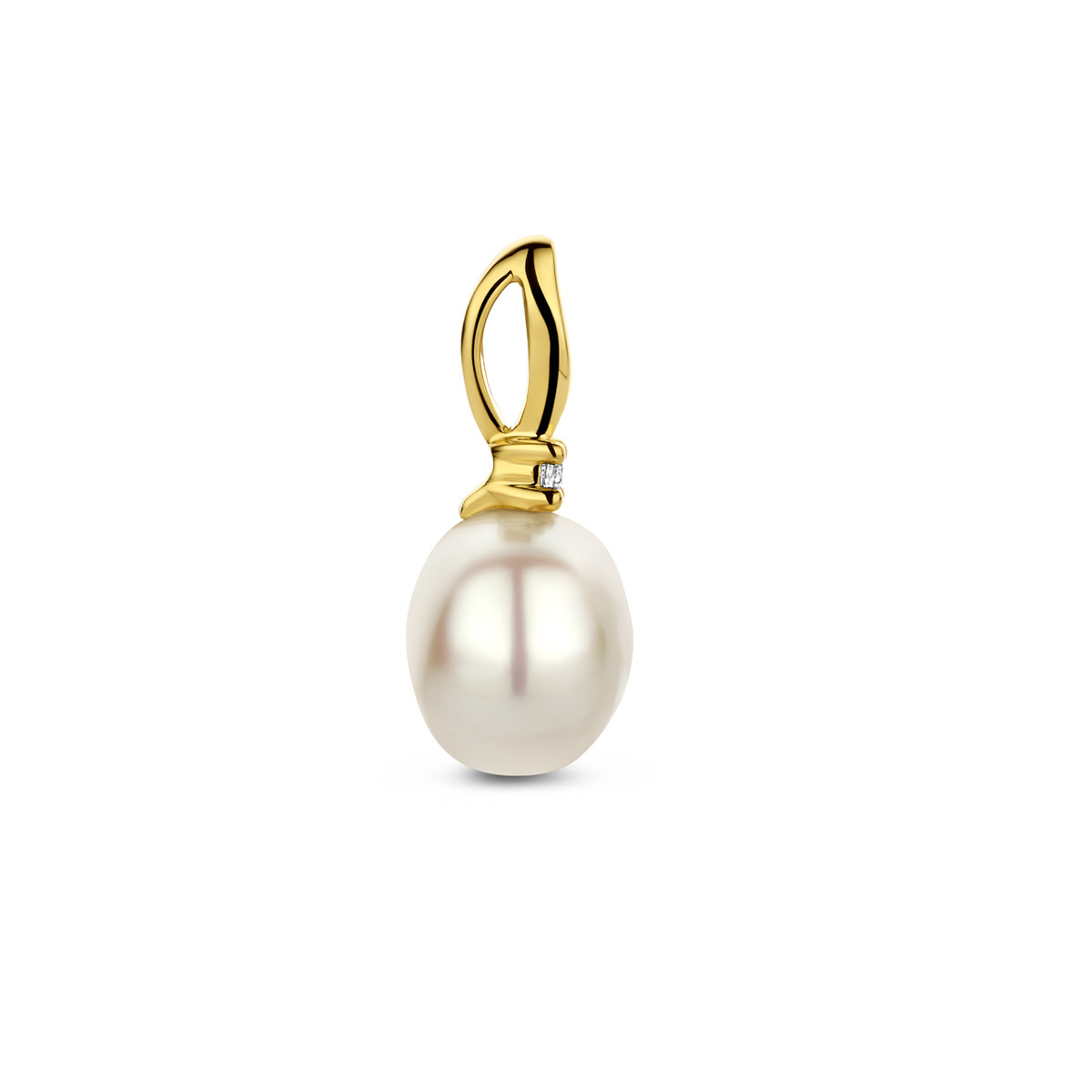 14-karaat gouden parel hanger met diamant 0.02 crt 9 mm breed - Hoogte 17.5 mm