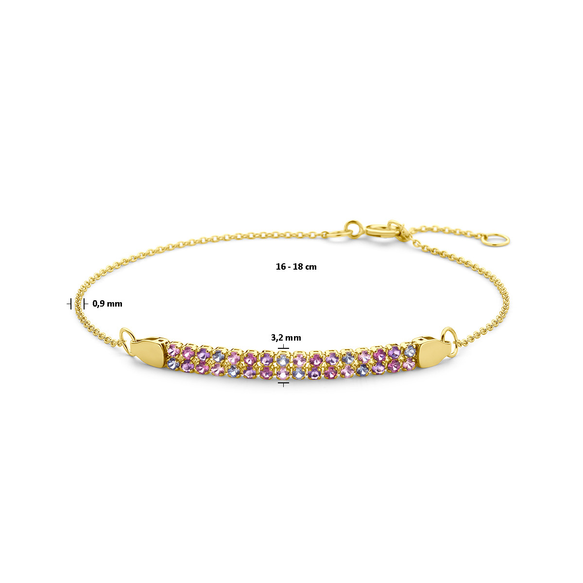 14-karaat gouden plaatarmband met amethist, rhodoliet en saffier - Lengte 16-18 cm