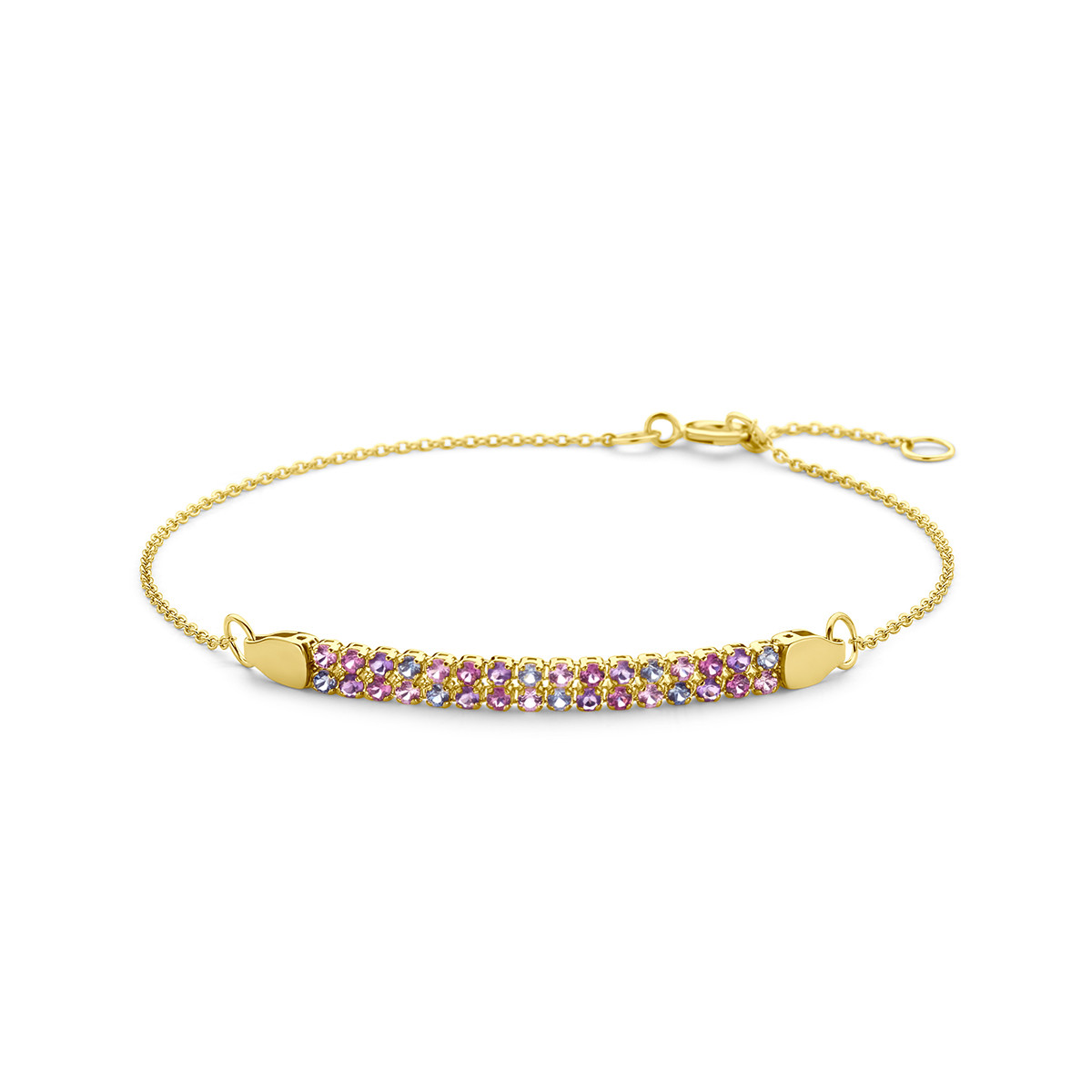 14-karaat gouden plaatarmband met amethist, rhodoliet en saffier - Lengte 16-18 cm