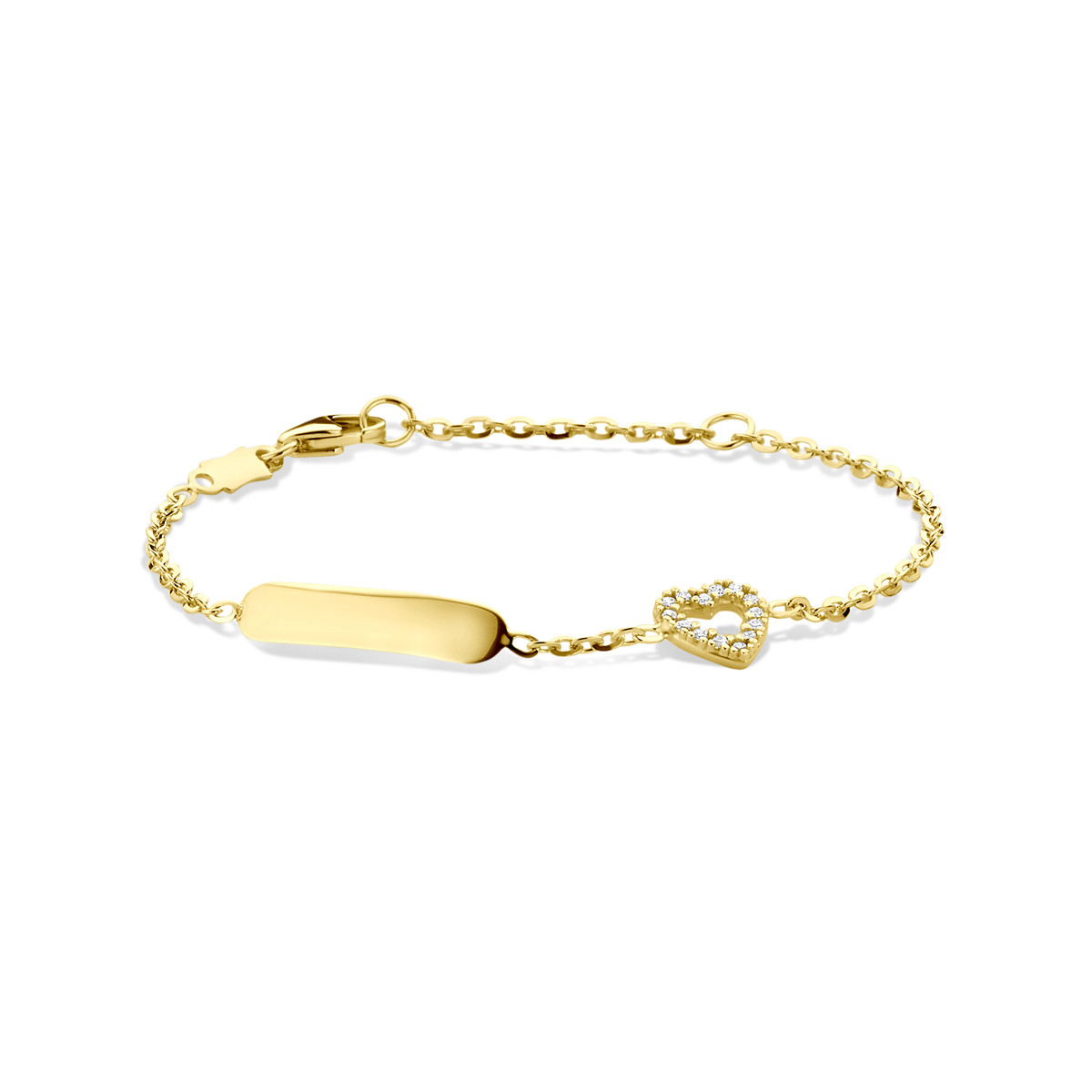 14-karaat gouden plaatarmband met zirkonia hartje en personaliseerbaar - Lengte 11-13 cm