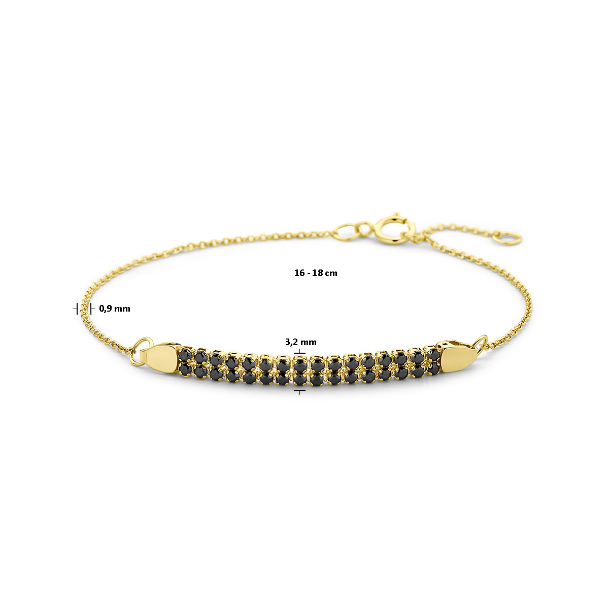 14-karaat gouden plaatarmband met zwarte spinel - Lengte 16-18 cm