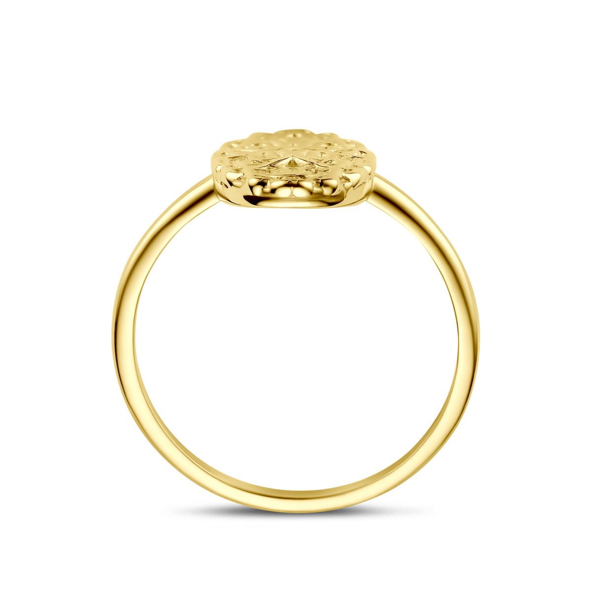 14-karaat gouden ring glanzend met ovaal en filigrain patroon 9 mm breed