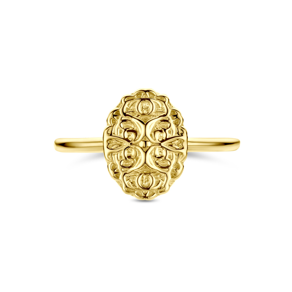 14-karaat gouden ring glanzend met ovaal en filigrain patroon 9 mm breed