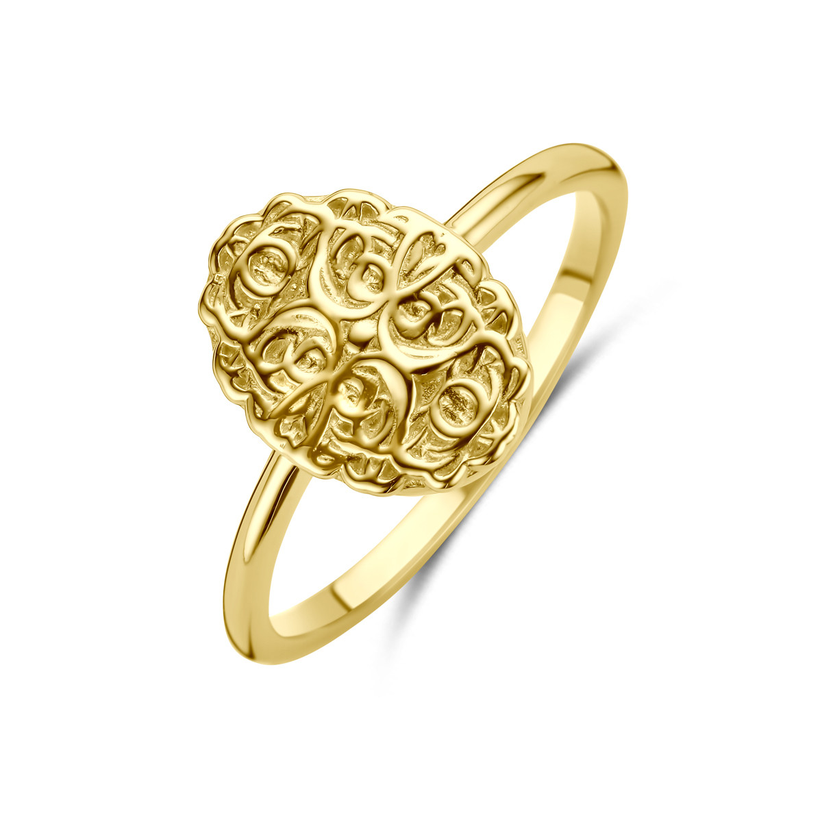 14-karaat gouden ring glanzend met ovaal en filigrain patroon 9 mm breed