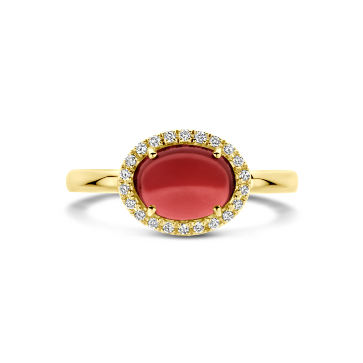 14-karaat gouden ring met 0.09 crt diamanten en rode granaat 10 mm breed