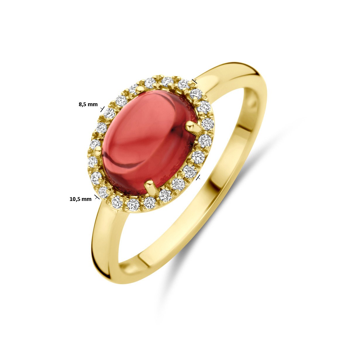14-karaat gouden ring met 0.09 crt diamanten en rode granaat 10 mm breed