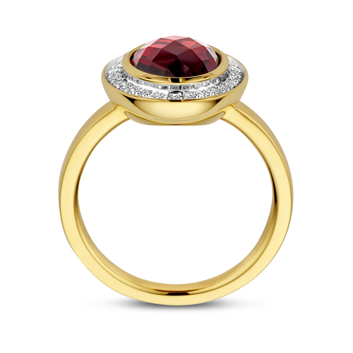 14-karaat gouden ring met 0.18 crt diamanten en rode granaat 15 mm breed