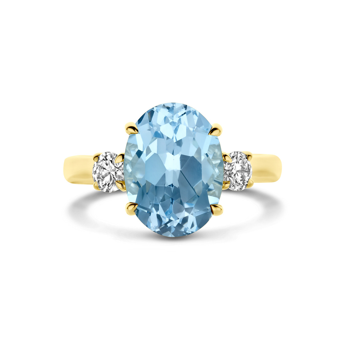 14-karaat gouden ring met 0.35 crt lab grown diamanten en topaas blauwe steen 12 mm breed