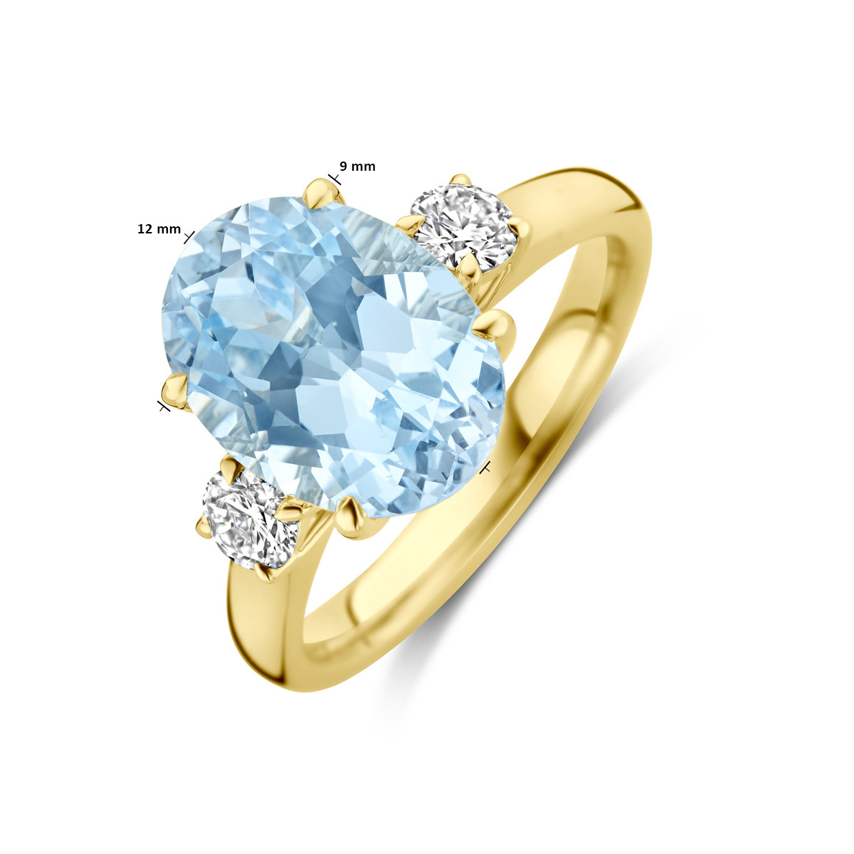 14-karaat gouden ring met 0.35 crt lab grown diamanten en topaas blauwe steen 12 mm breed