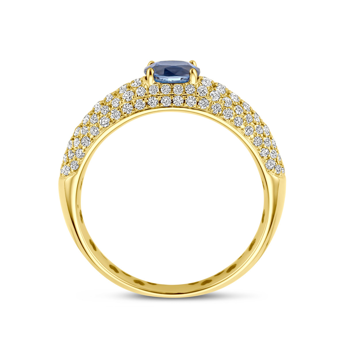 14-karaat gouden ring met 0.65 crt diamant en blauwe saffier 5.5 mm breed
