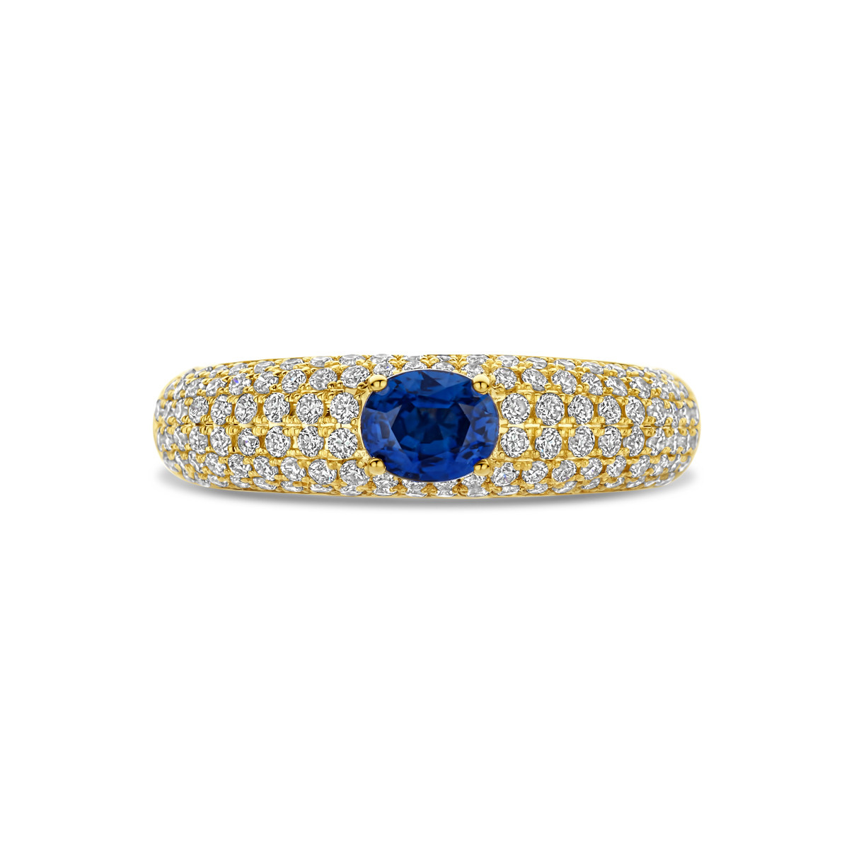 14-karaat gouden ring met 0.65 crt diamant en blauwe saffier 5.5 mm breed