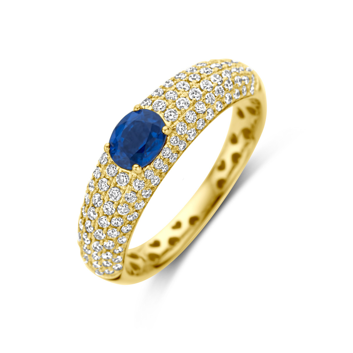 14-karaat gouden ring met 0.65 crt diamant en blauwe saffier 5.5 mm breed