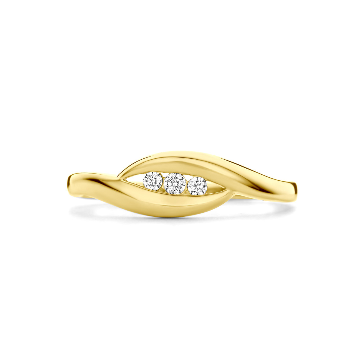 14-karaat gouden ring met 3 zirkonia's en slag 6 mm breed