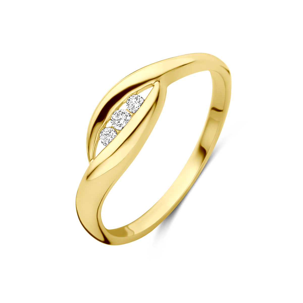 14-karaat gouden ring met 3 zirkonia's en slag 6 mm breed