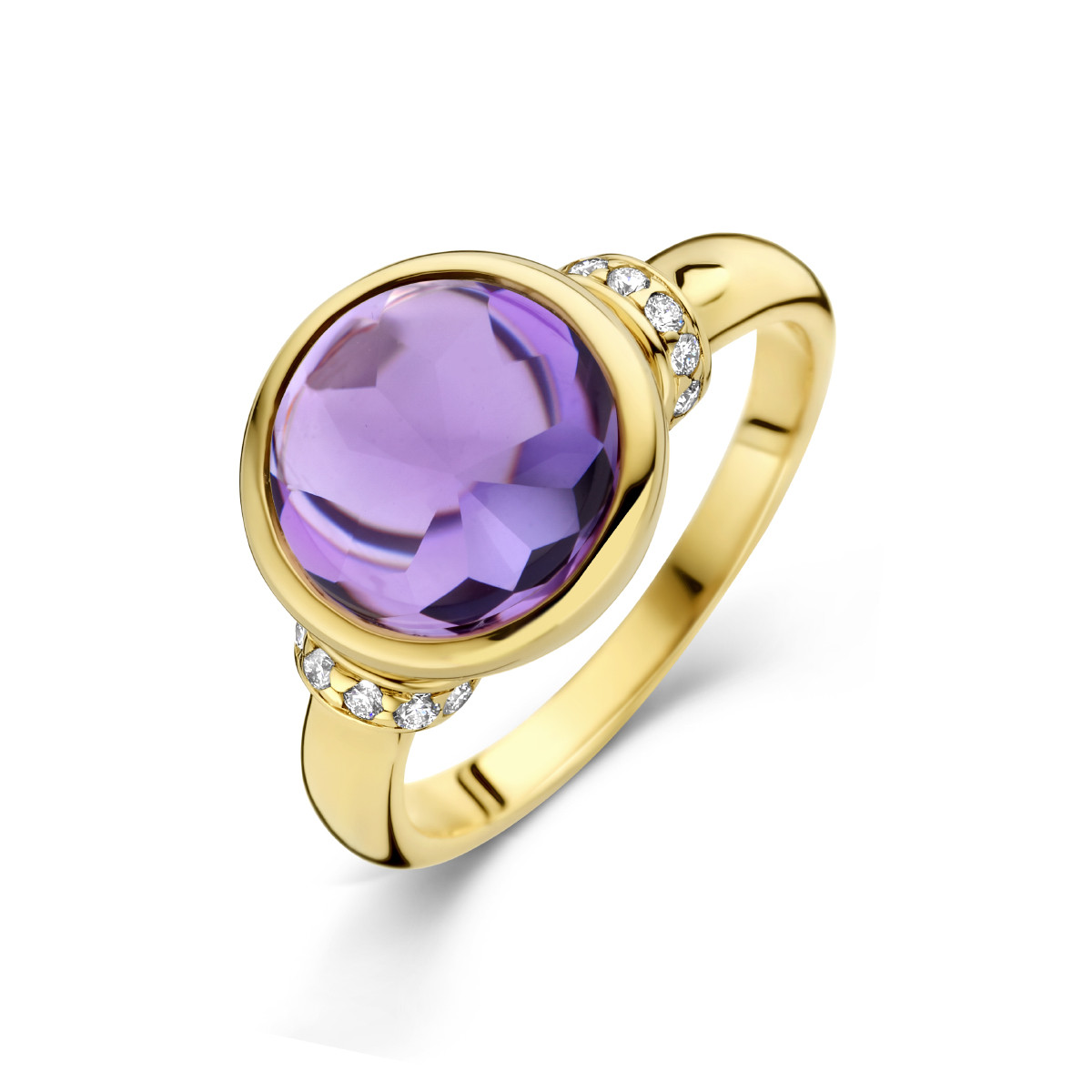 14-karaat gouden ring met amethist en diamanten 0.08 crt