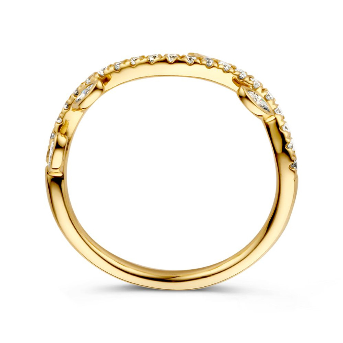 14-karaat gouden ring met bladeren schakels en diamanten 0.37 crt