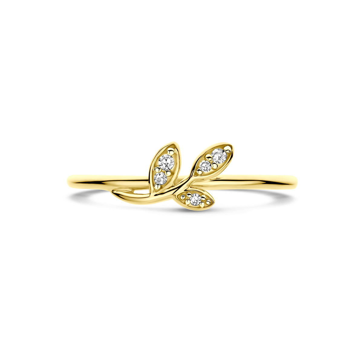 14-karaat gouden ring met bladeren van diamanten 0.03 crt en 5.5 mm breed