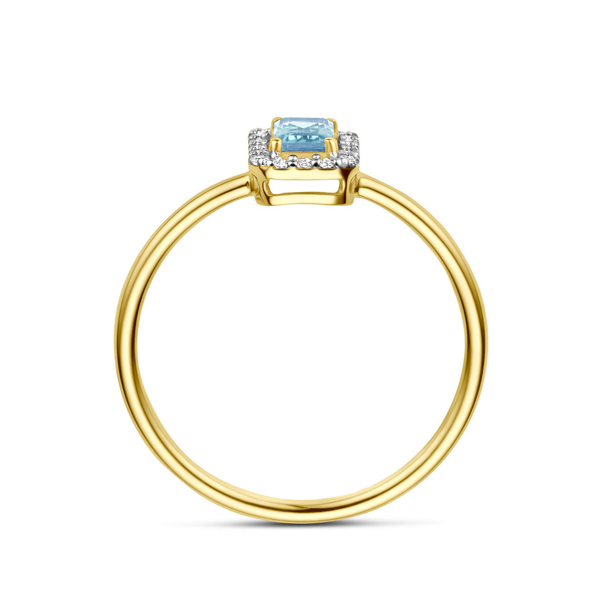 14-karaat gouden ring met blauwe aquamarijn en diamanten halo 0.08 crt 6 mm breed