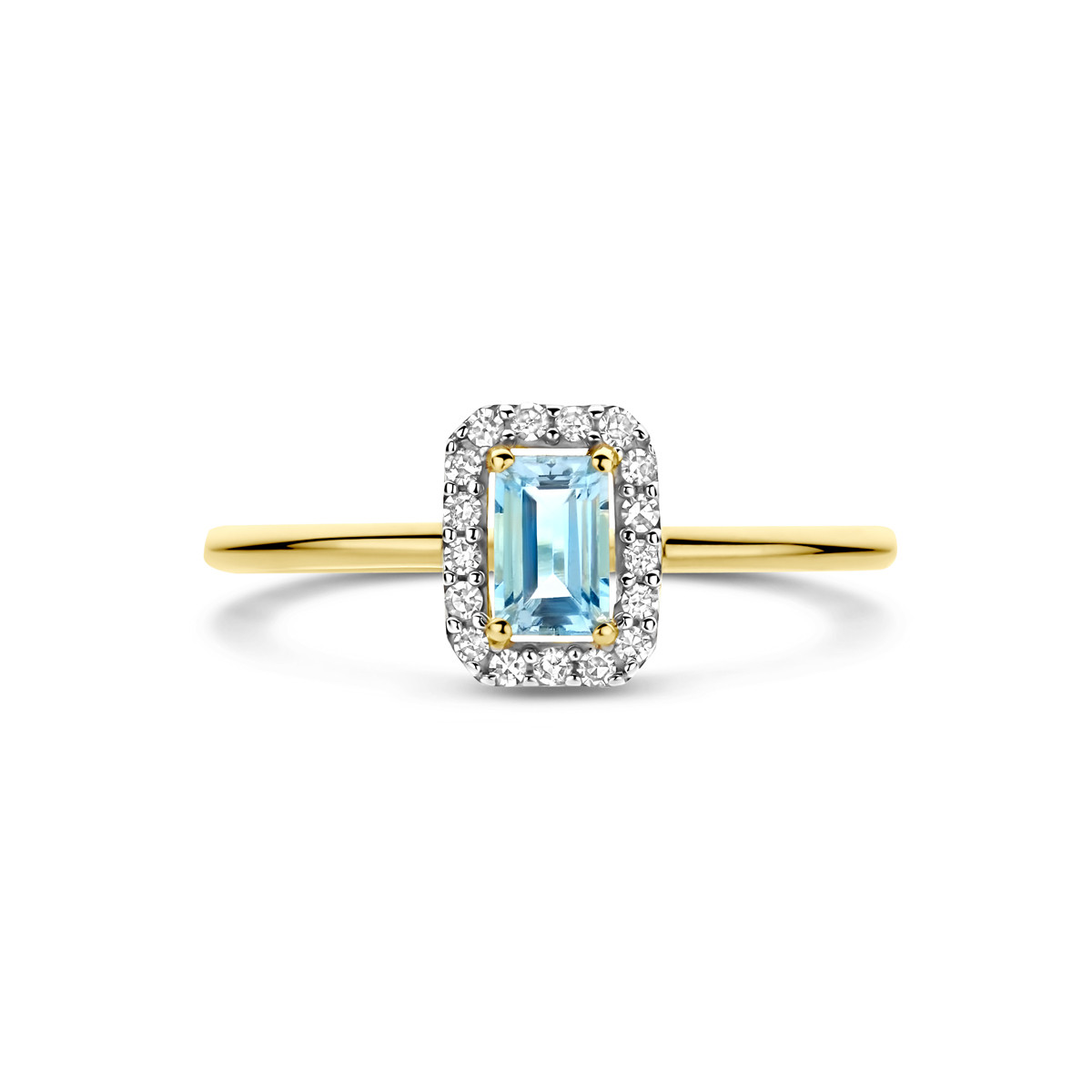 14-karaat gouden ring met blauwe aquamarijn en diamanten halo 0.08 crt 6 mm breed
