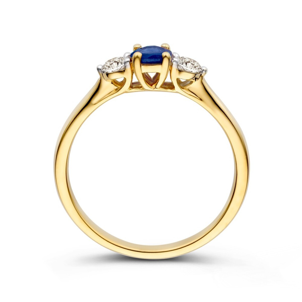 14-karaat gouden ring met blauwe saffier 0.35 crt en diamanten 0.20 crt 4.5 mm breed