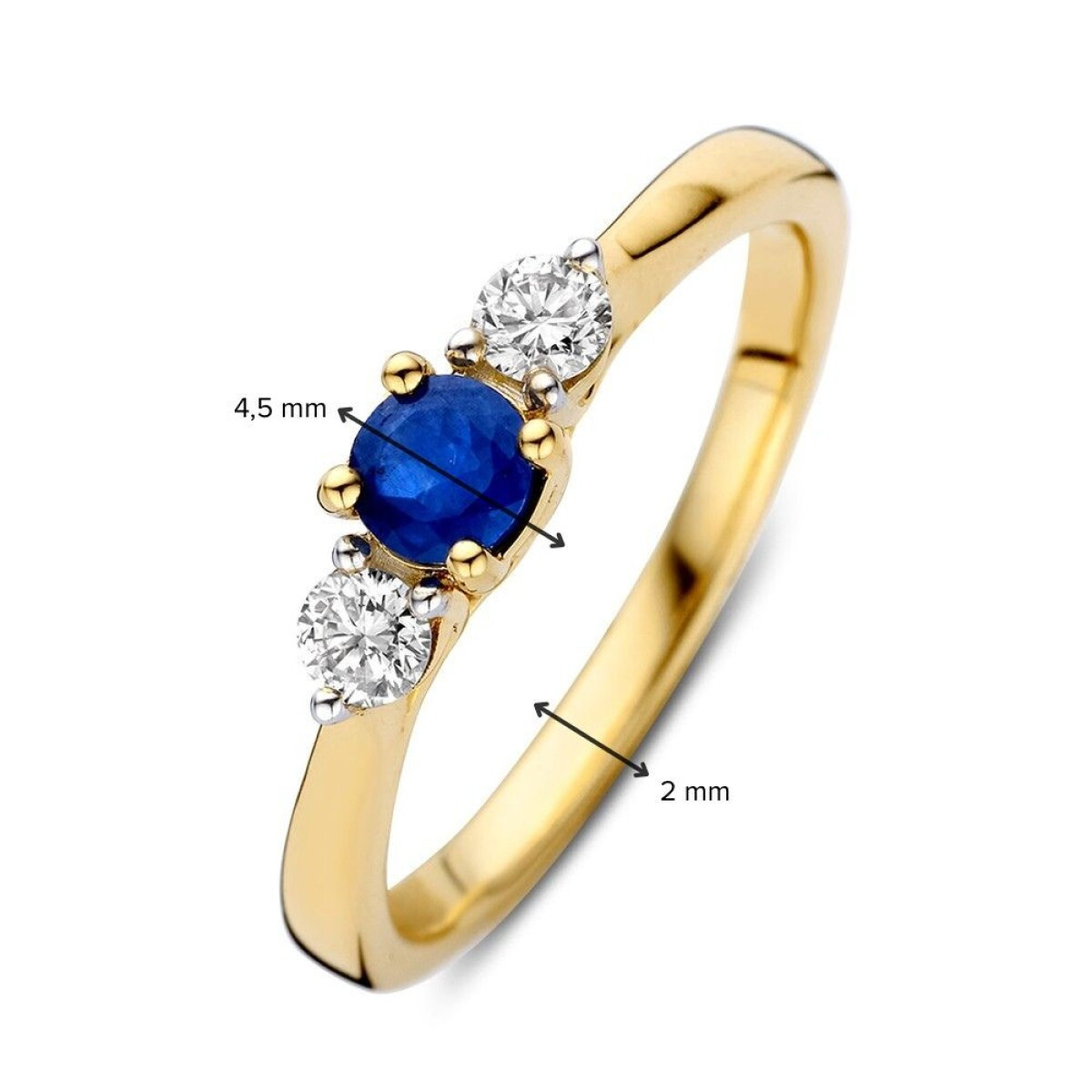 14-karaat gouden ring met blauwe saffier 0.35 crt en diamanten 0.20 crt 4.5 mm breed