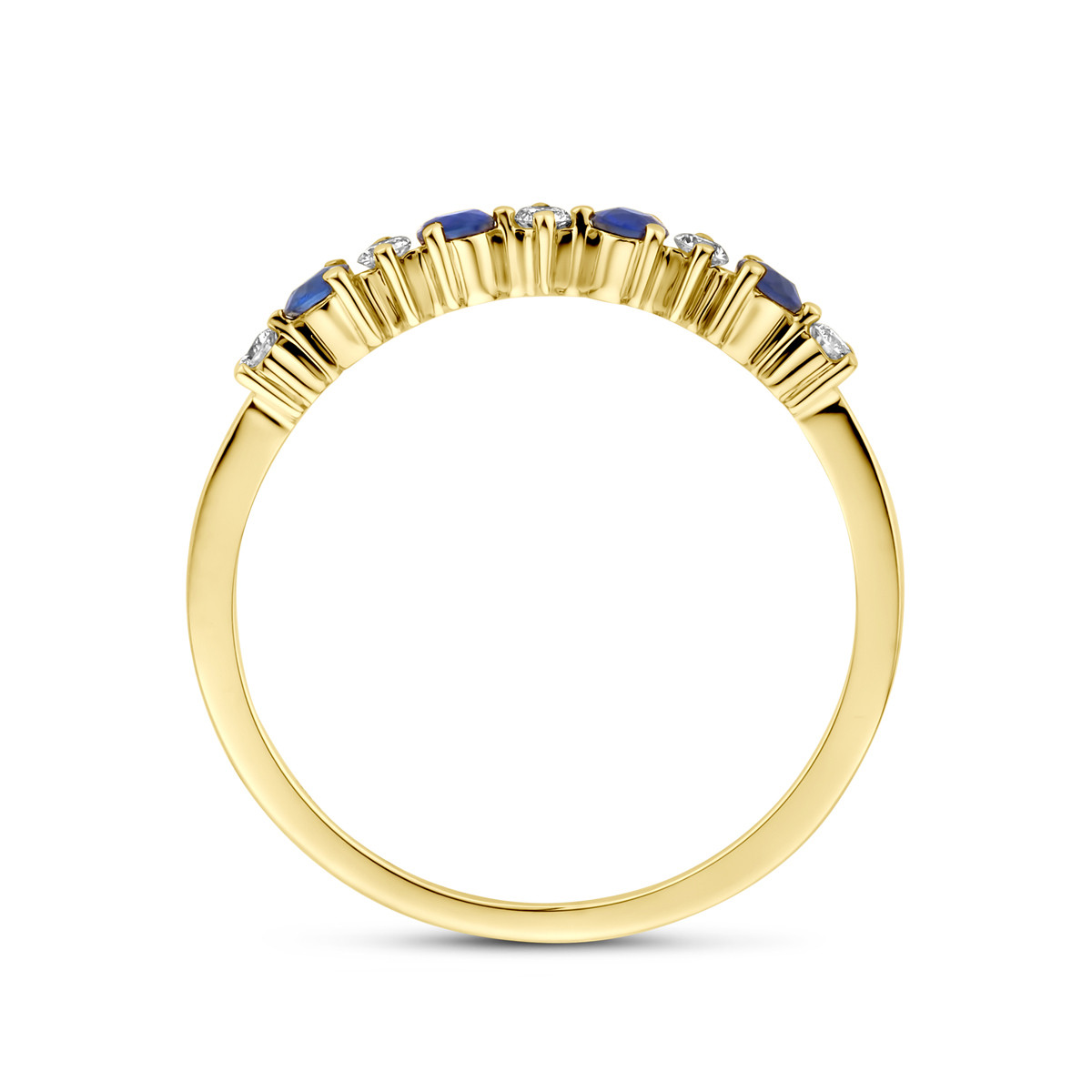 14-karaat gouden ring met blauwe saffier en 0.08 crt diamant  3 mm breed