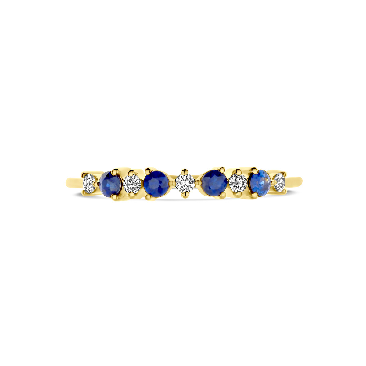 14-karaat gouden ring met blauwe saffier en 0.08 crt diamant  3 mm breed